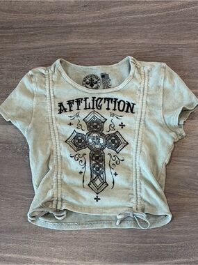 Affliction Graphic Cross Y2K Thermal Crop Top - Sage Green Waffle Knit - Small